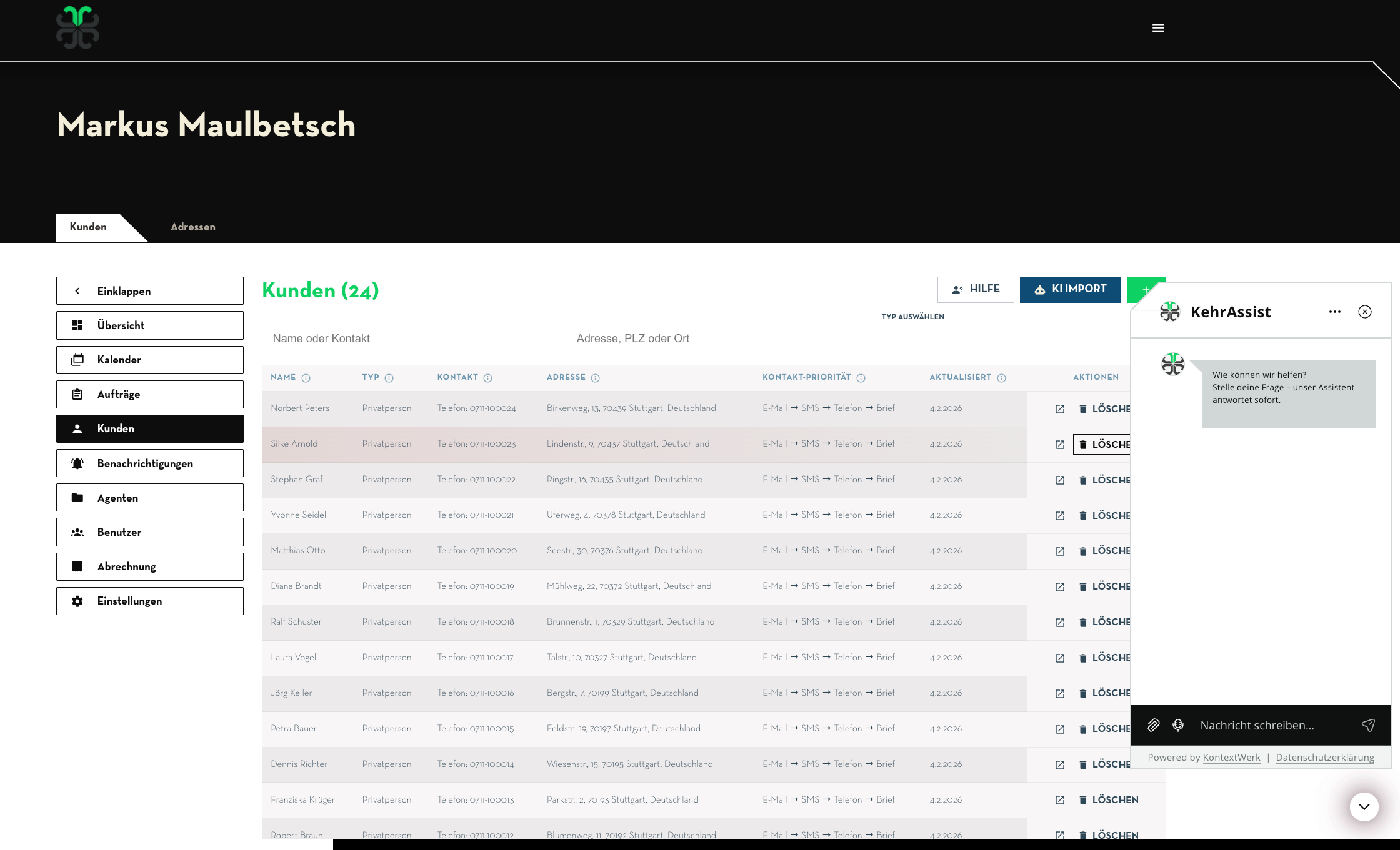Kundenübersicht: Importierte Kunden mit Kontaktprioritäten