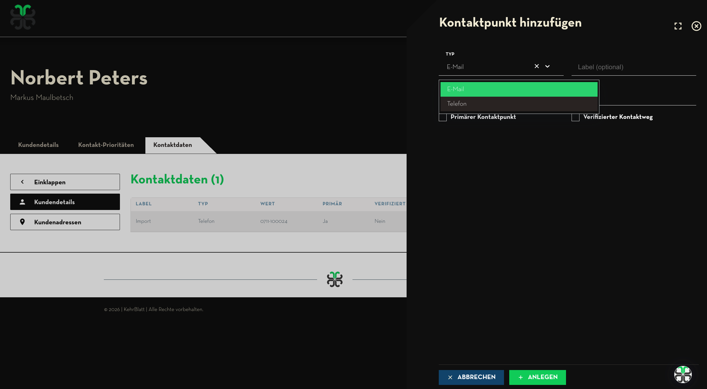 Kontaktdaten: Importierter Telefonkontakt und manueller Kontaktpunkt-Dialog