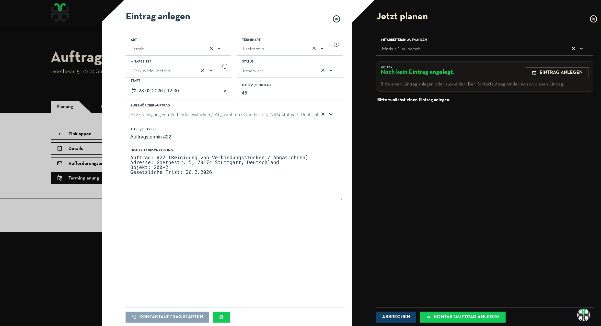 Termin anlegen: Formular zur Erstellung eines reservierten Auftragstermins