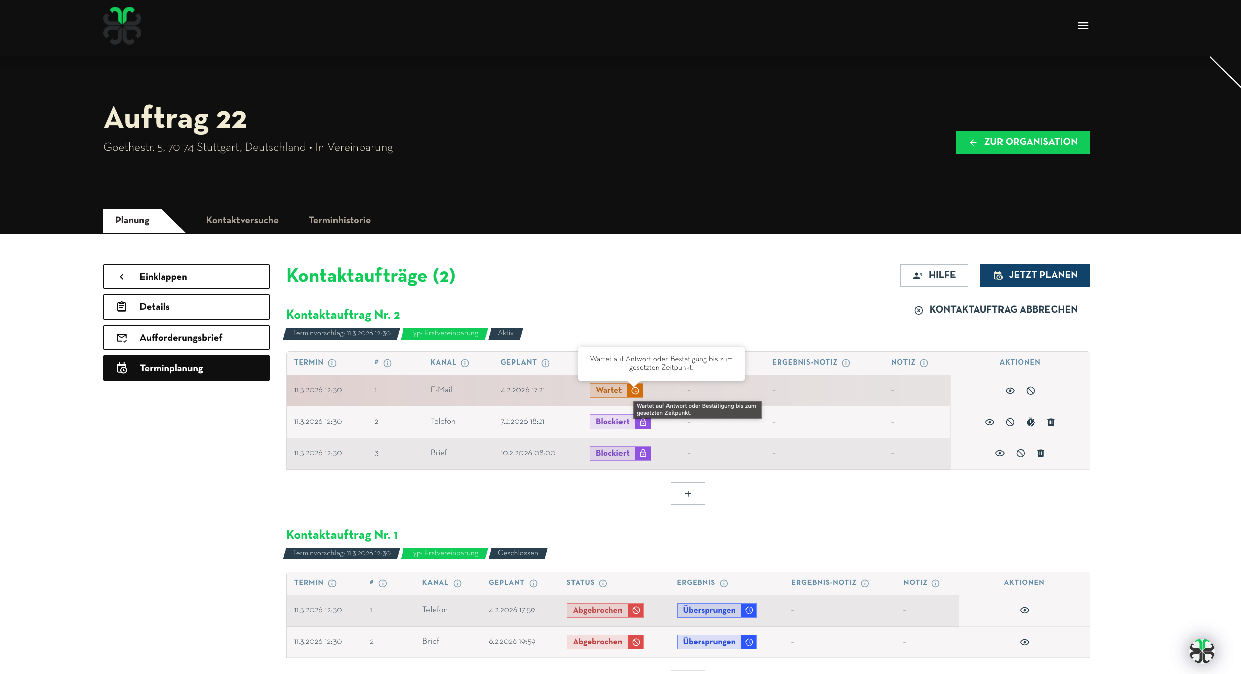 Kontaktaufträge: Mehrstufige Kontaktversuche mit Status, Kanal und Ergebnis
